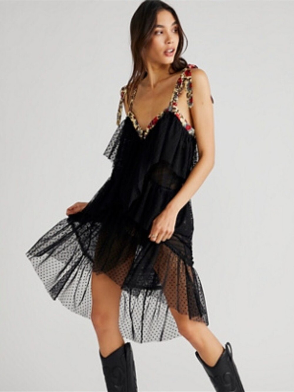 Free People Black Layered Mesh Polka Dot Dress with Floral Tie Straps Small